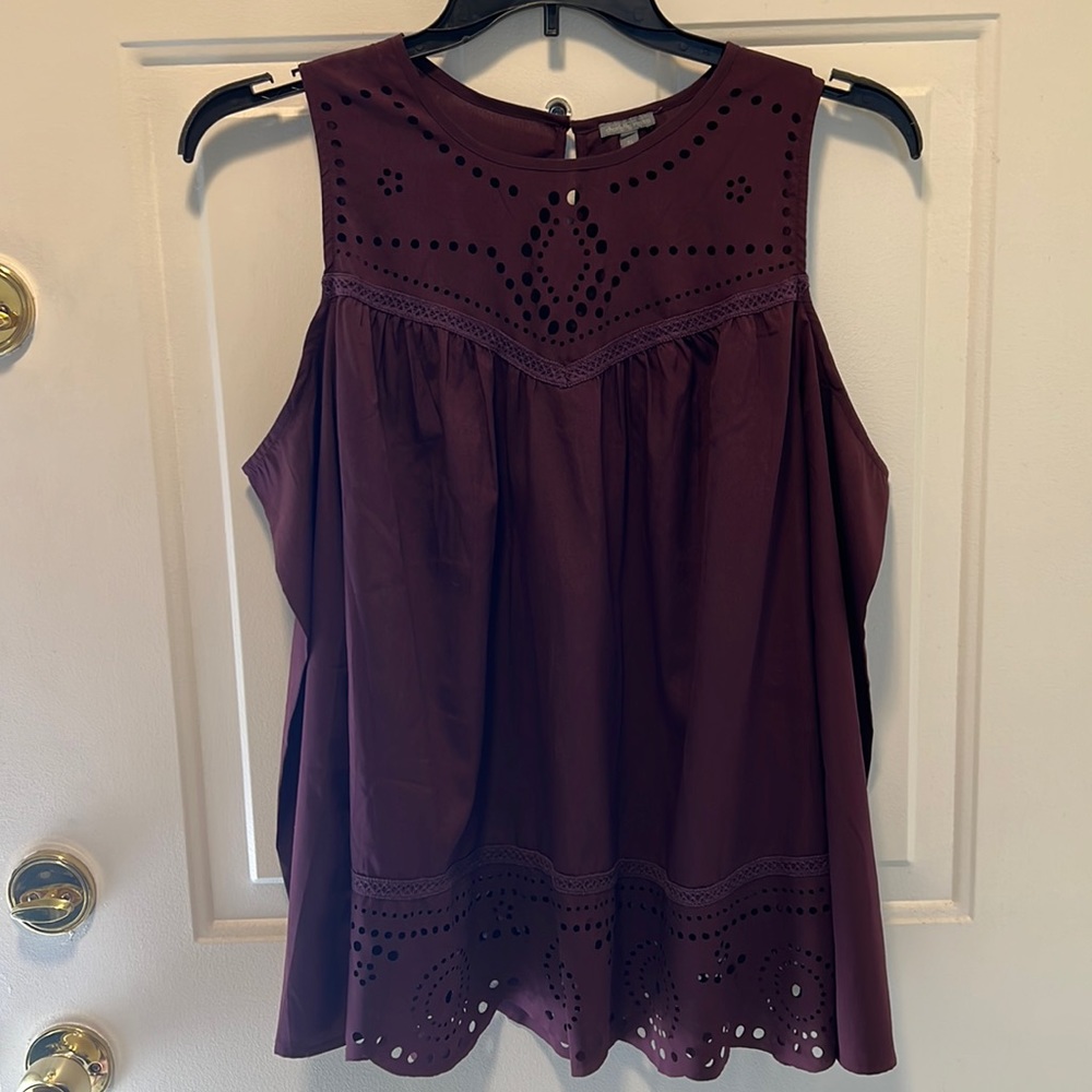 Long sleeve off the shoulder, high neck eggplant blouse